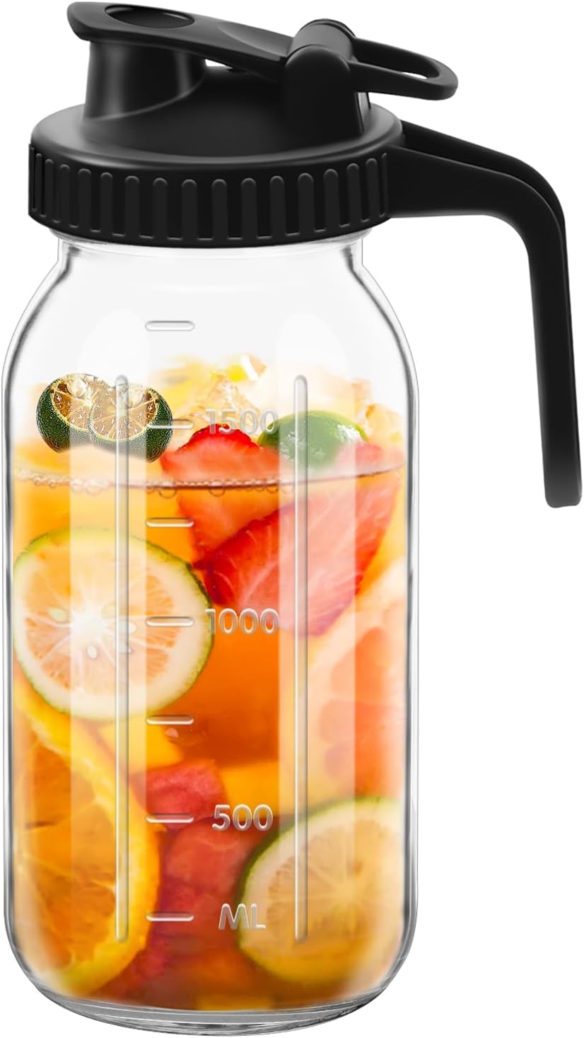 Wide Mouth Mason Jars 64 oz with Pour Spout Lids, 2 Quart Glass Pitcher with Lid, Double Leak Proof Breast Milk Pitcher for Fridge, Coffee, Water, Iced Tea (64 OZ Black)