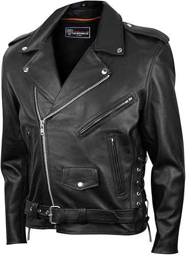 Vance Leather Chaqueta de cuero de vaca para hombre, forro aislante, con cordones laterales, clásico MC, motociclista, chaqueta de cuero negro