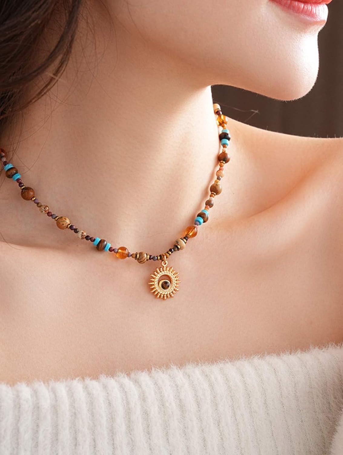 Boho Style Colorful Long Beaded Necklaces for Women Trendy Adjustable Hippie Necklace Jewelry Gift,Long Bead necklace with Sun and Moon Pendant - Image 3