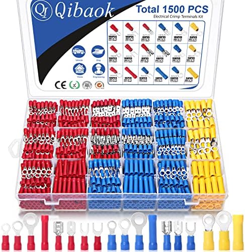 Qibaok 1500pcs Wire Connectors Insulated Electrical Wire Terminals Wire Crimp Connector Ring Fork Spade Butt Connector Kit