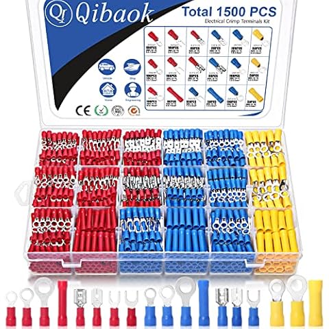 Qibaok 1500pcs Wire Connectors Insulated Electrical Wire Terminals Wire Crimp Connector Ring Fork Spade Butt Connector Kit Cover