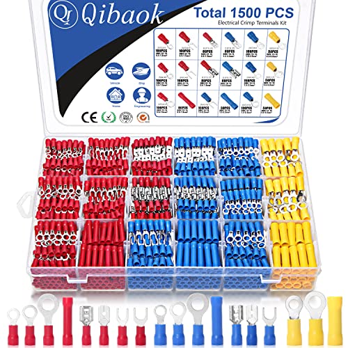 Qibaok 1500pcs Wire Connectors - Insulated Electrical Wire Terminals (Copper) - Ring, Butt, Spade, Fork Connector Kit - Red, Blue, Yellow by Qibaok - Used condition - US$24.03