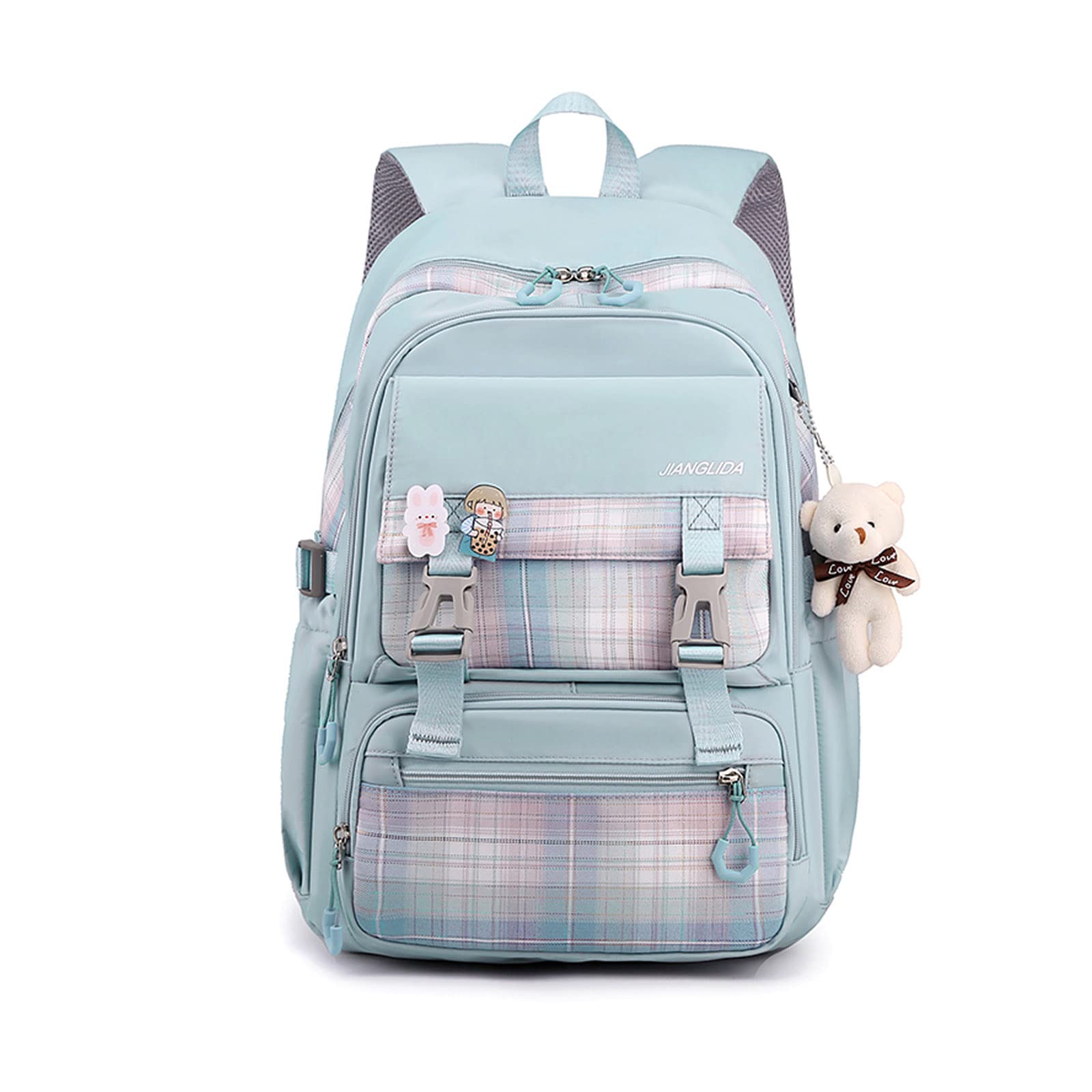 FANDARE Schulrucksack Schulrucksack Schultasche Herren Damen Rucksack Schulranzen für Outdoor Reise Daypacks Freizeitrucksack Rucksack mit Plüschanhänger & Nettes Abzeichen Wasserdicht Nylon Blau