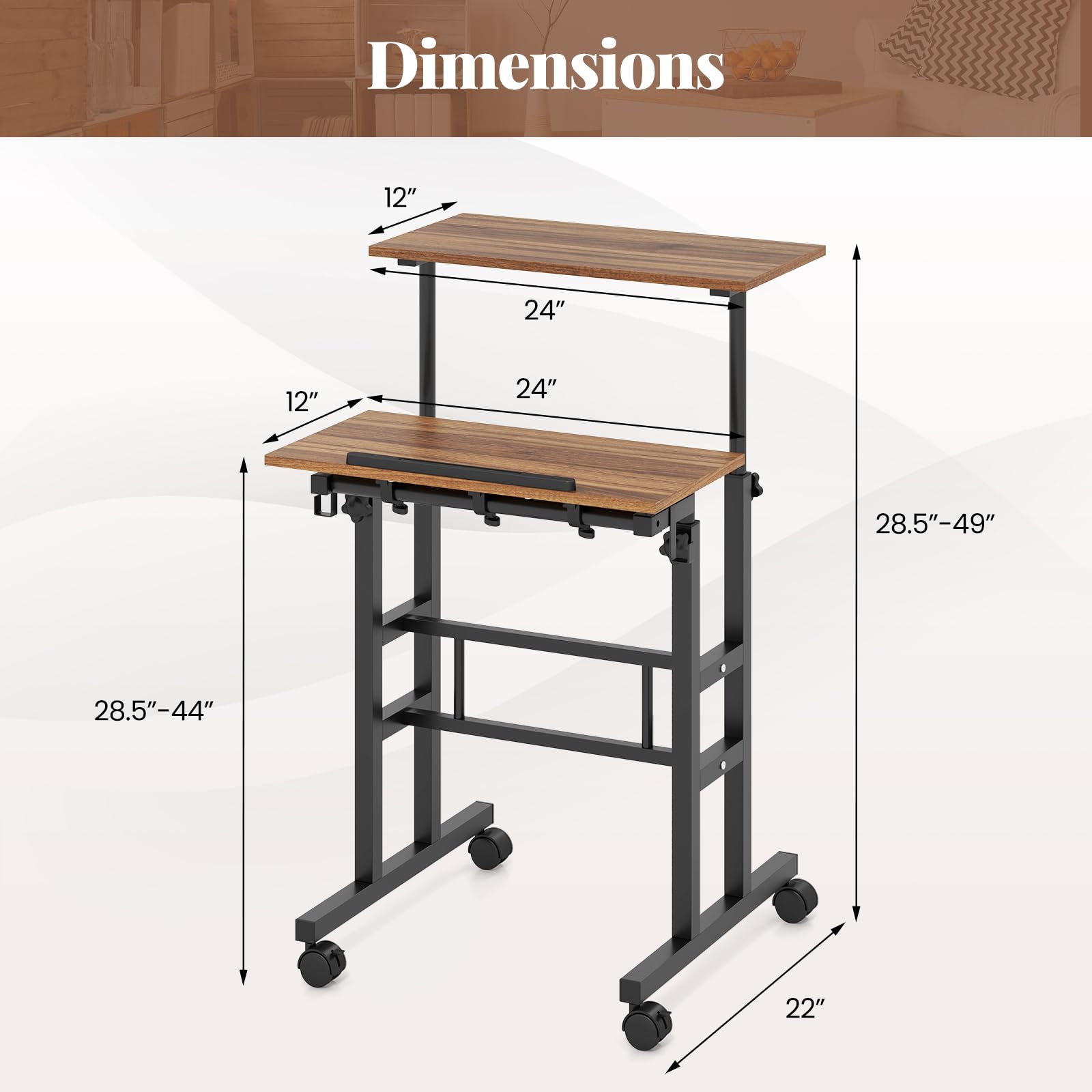 Giantex Mobile Standing Desk Portable Stand Up Desk Adjustable Height with Wheels Tilting Tabletop Hanging Hooks Home Office — view 3