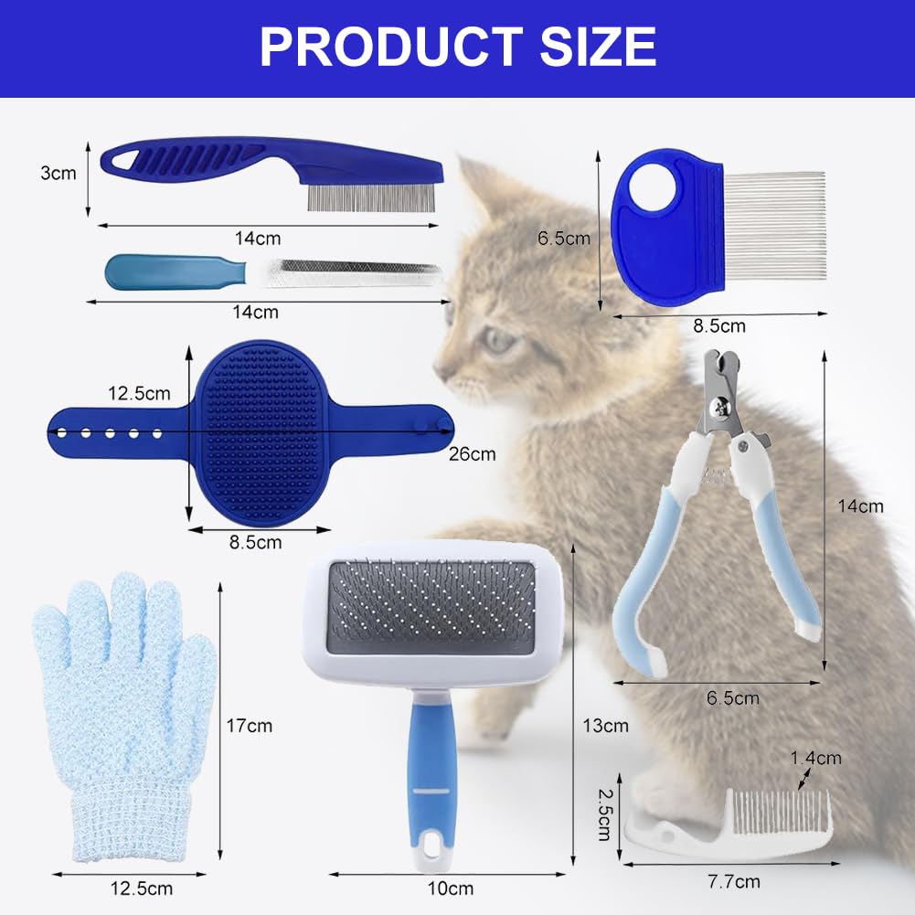 Set de 8 pièces de toilette pour petits animaux domestiques, kit de toilette pour lapins avec brosse à tamis, gant de bain et de massage, peigne à hamster (bleu)