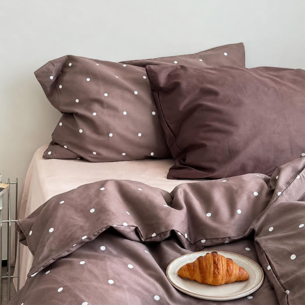 Michorinee King Size Duvet Cover Set Brown Polka Dot White Dots Bedding Set โ image 1