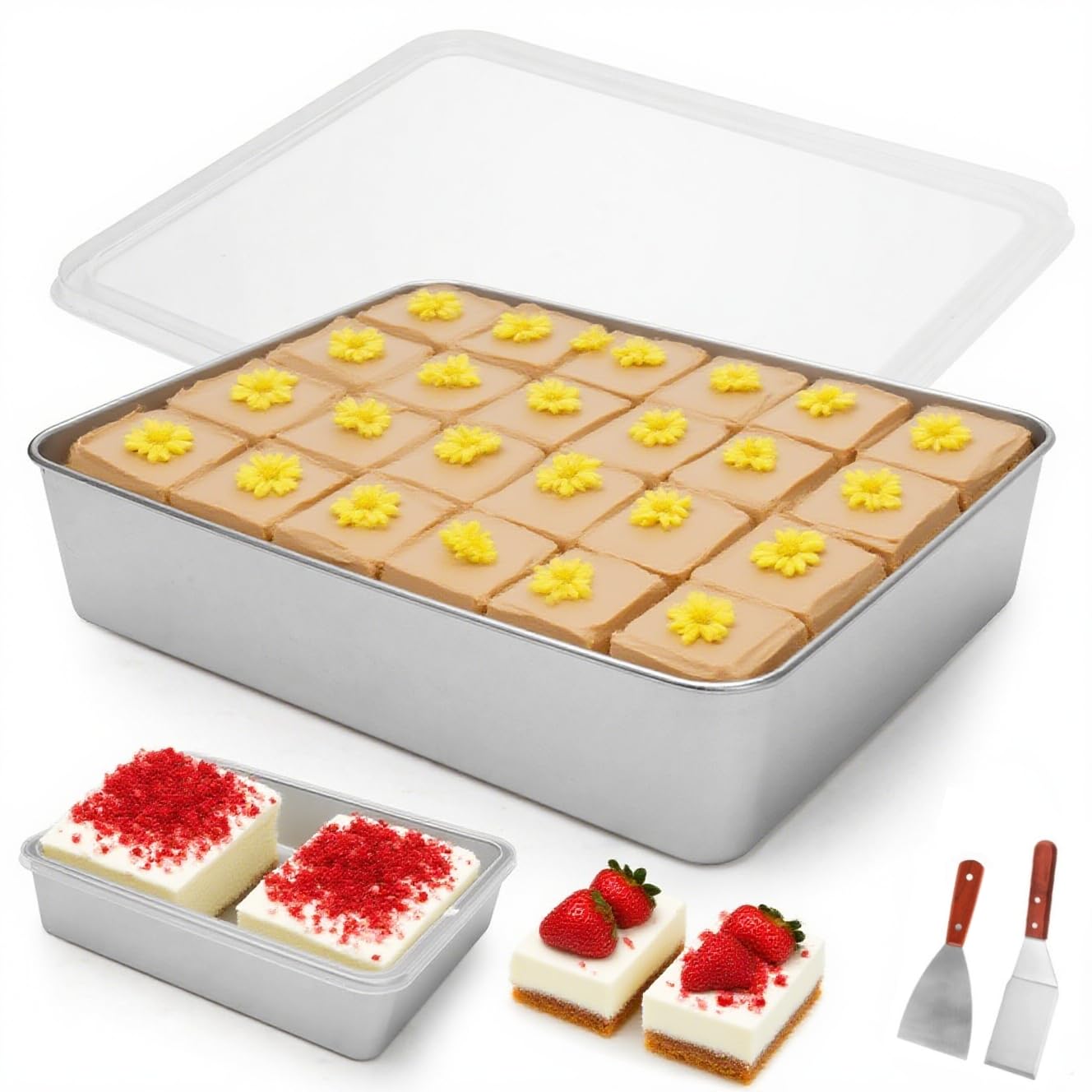 RANJIMA Molde para tartas, de acero inoxidable con tapa hermética, 2 espátulas para tartas, bandeja rectangular para hornear, asar, almacenamiento apto para lavavajillas, para cazuelas, pasteles