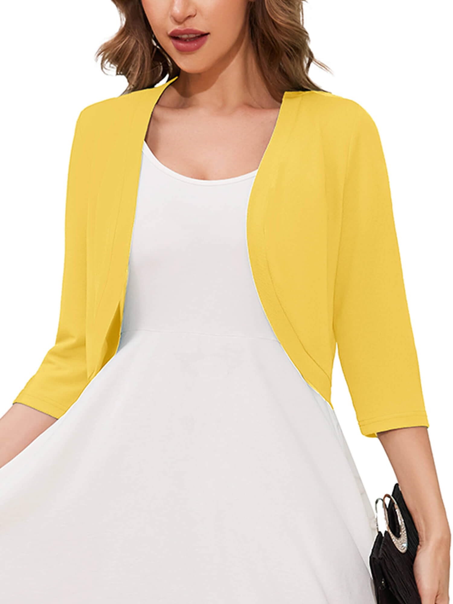 3/4 Sleeve Open Front Lightweight Cropped Bolero Shrug Cardigan | Soft breathable knit, 3/4 sleeve cropped cut, open front layering, versatile cover up for dresses, women's casual fit