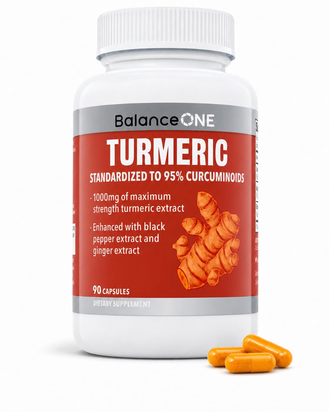 Balance ONE Turmeric Curcumin Supplement, 1000mg, Black Pepper, 90 Capsules