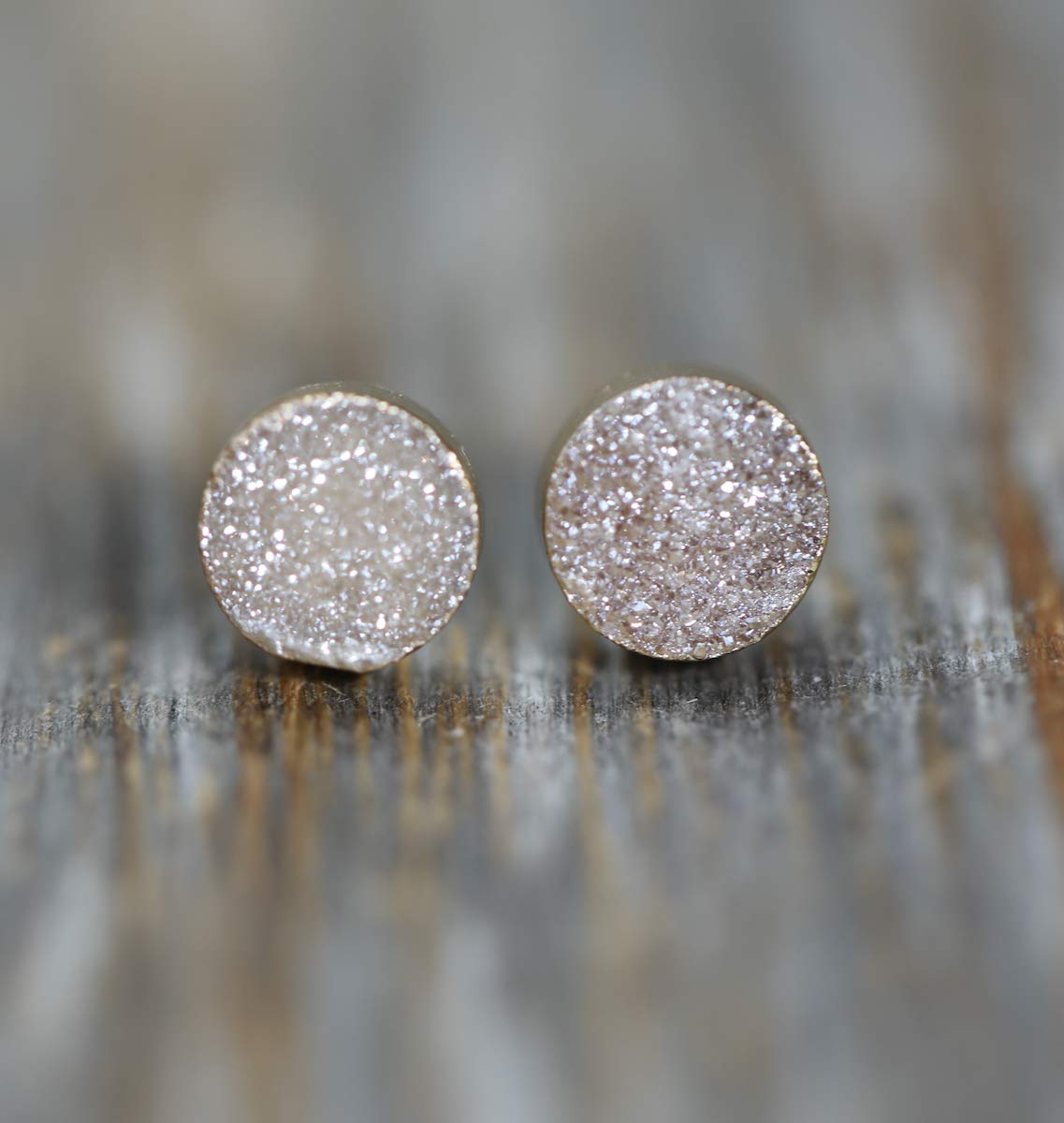 Natural Beige Druzy Stud Earring-8mm Round Real Drusy Quartz Gemstone- Women's Jewelry Gift Idea