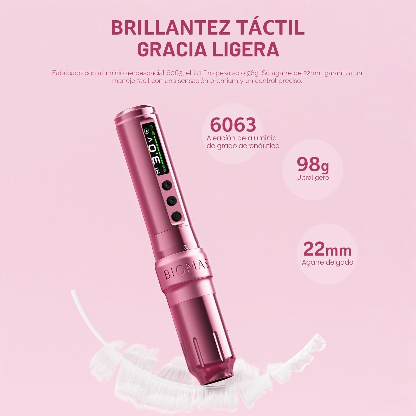 Biomaser U1 Pro - Maquillaje permanente inalámbrico semiinalámbrico, 6 tiempos, ajustable, con 2 pilas de 850 mAh, pantalla OLED para maquillaje semipermanente (Rosa)