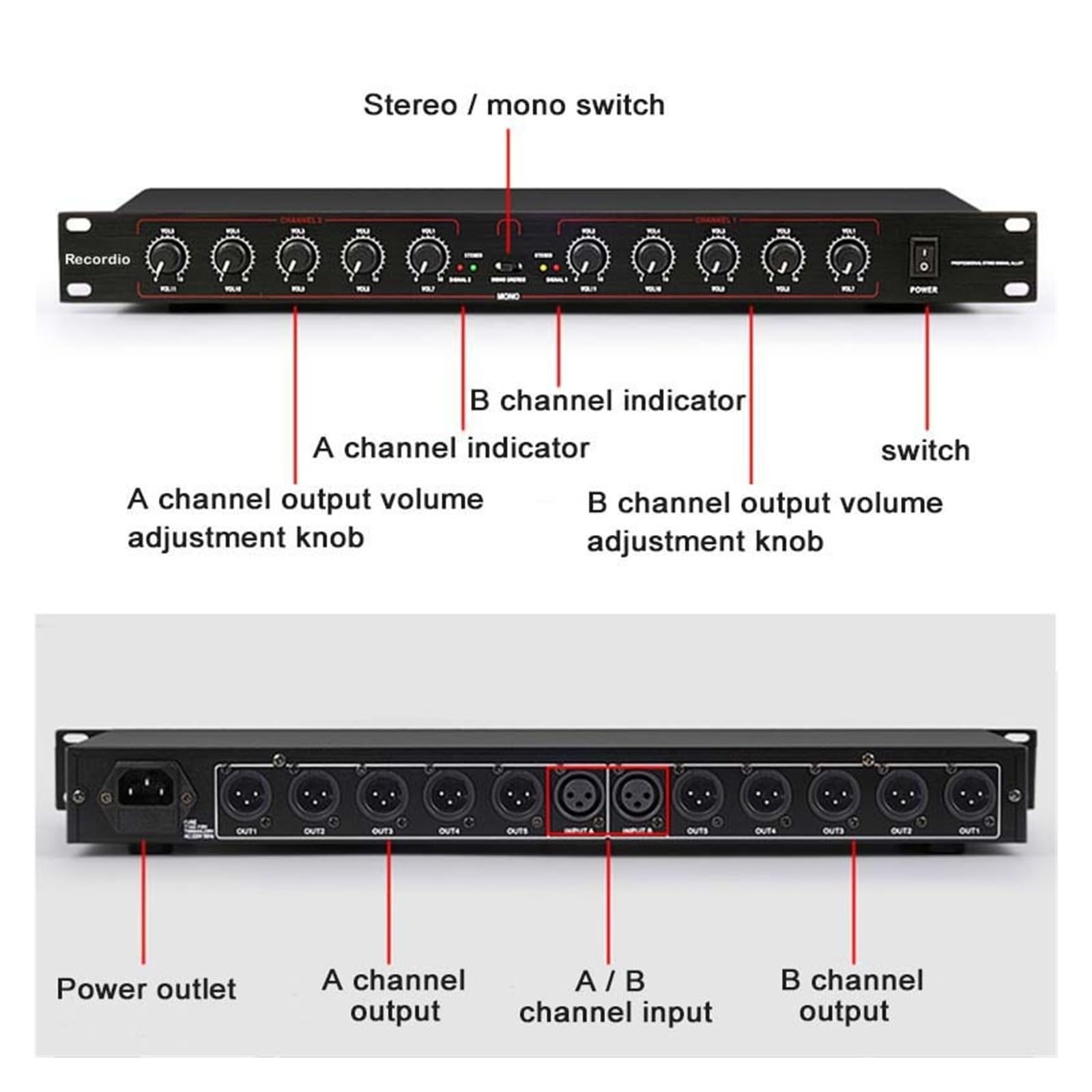 Equalizzatore Grafico GAX-206 Distributore Amplificatore Splitter Segnale Audio Mono Stereo for Apparecchiature Professionali 2 Ingressi 10 Uscite