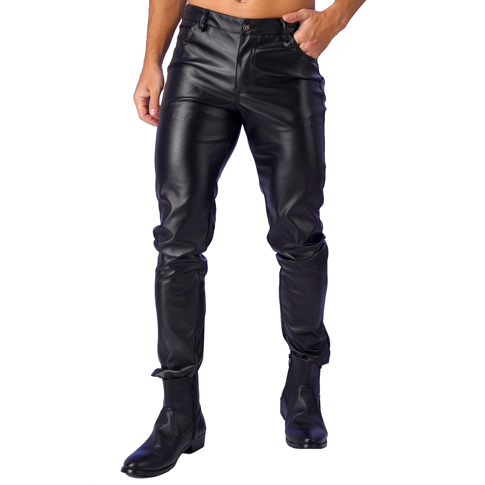 Pantaloni da uomo Wetlook skinny, in pelle laccata, con sacchetto a bulge, elasticizzati, in similpelle, slim fit, taglio dritto, erotici