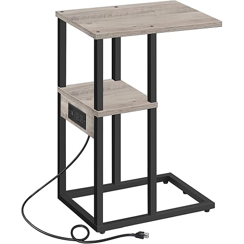 TUTOTAK C Shaped End Table with Charging Station, Side Table for Small Spaces, Living Room, Bedroom V1TB01BG043