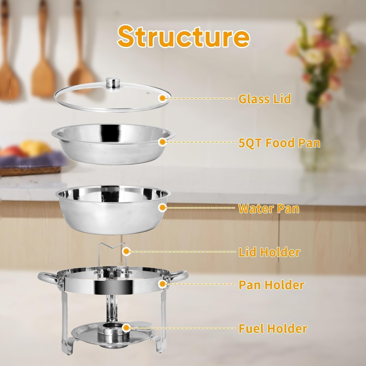 Set di scaldavivande da 5,5 l, 4 pezzi rotondi per catering, con coperchio in vetro, scaldavivande in acciaio inox, per acqua e cibo
