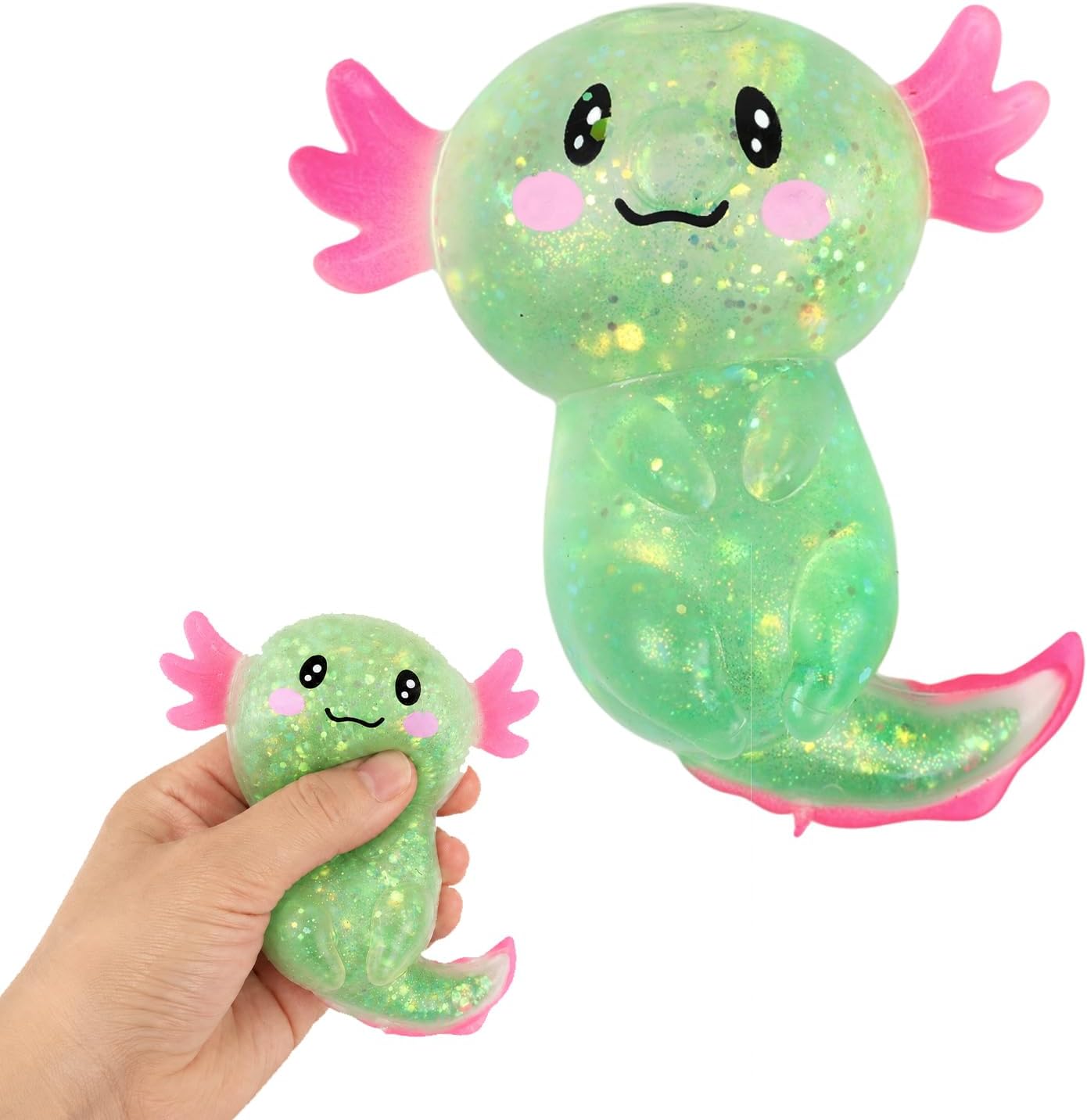 Axolotl Squishies Stress Relief Toy,Cute Glitter Axolotl Stretchy Squeeze Toys,Soft TPR Slow Rebound Sensory Fidget Toys for Adults,Anxiety Relief Desk Toy Gift for Party Birthday (Green)