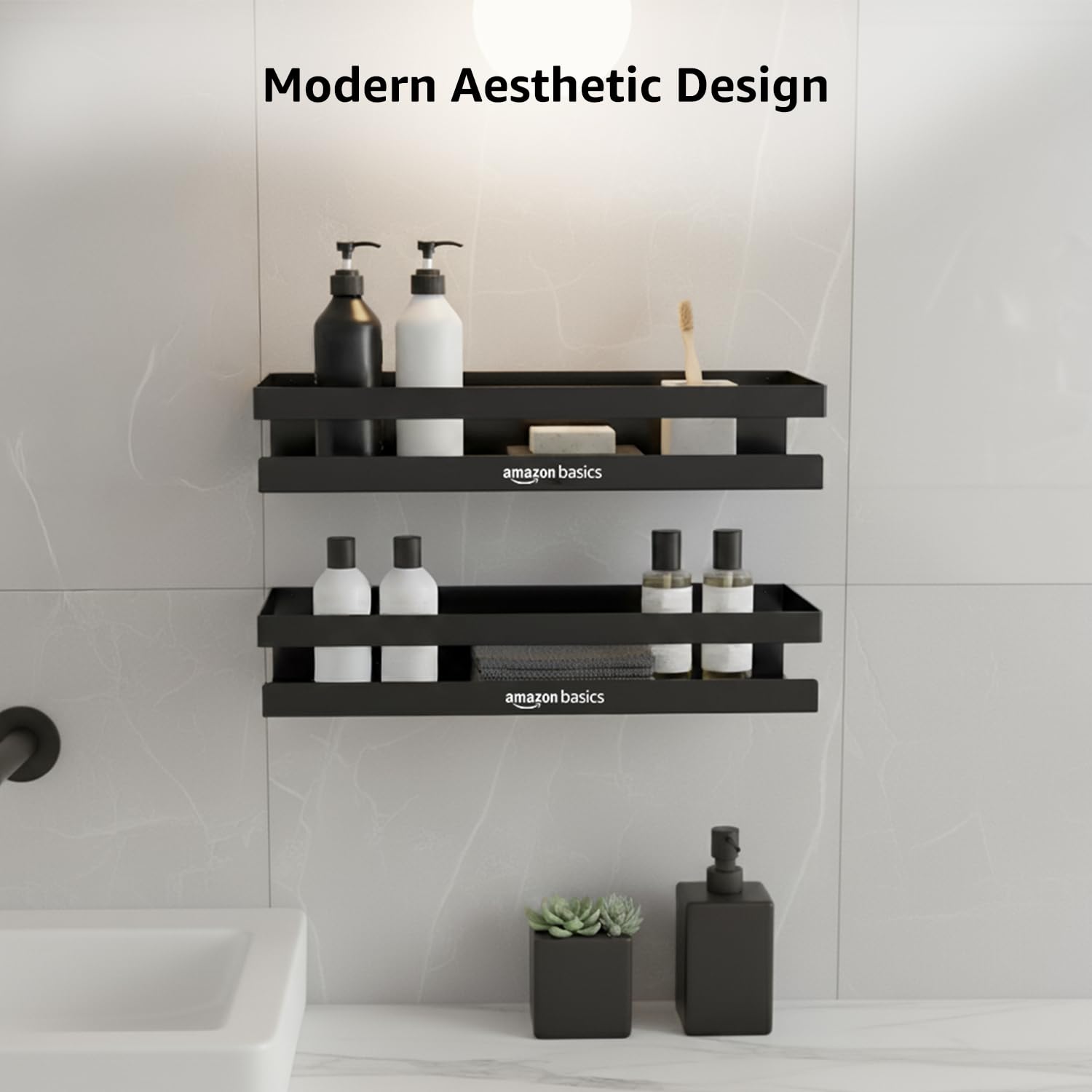 Amazon Basics Wall Mounted Bath Rack- Drill Installation | Large Mild Steel Bathroom Shelf for Shampoo, Conditioner, Soap & Toiletries | Rust-Resistant, Durable & Easy to Clean Bathroom Organizer β 35 x 13.6 x 6.5 cm, Pack of 2, Black 4
