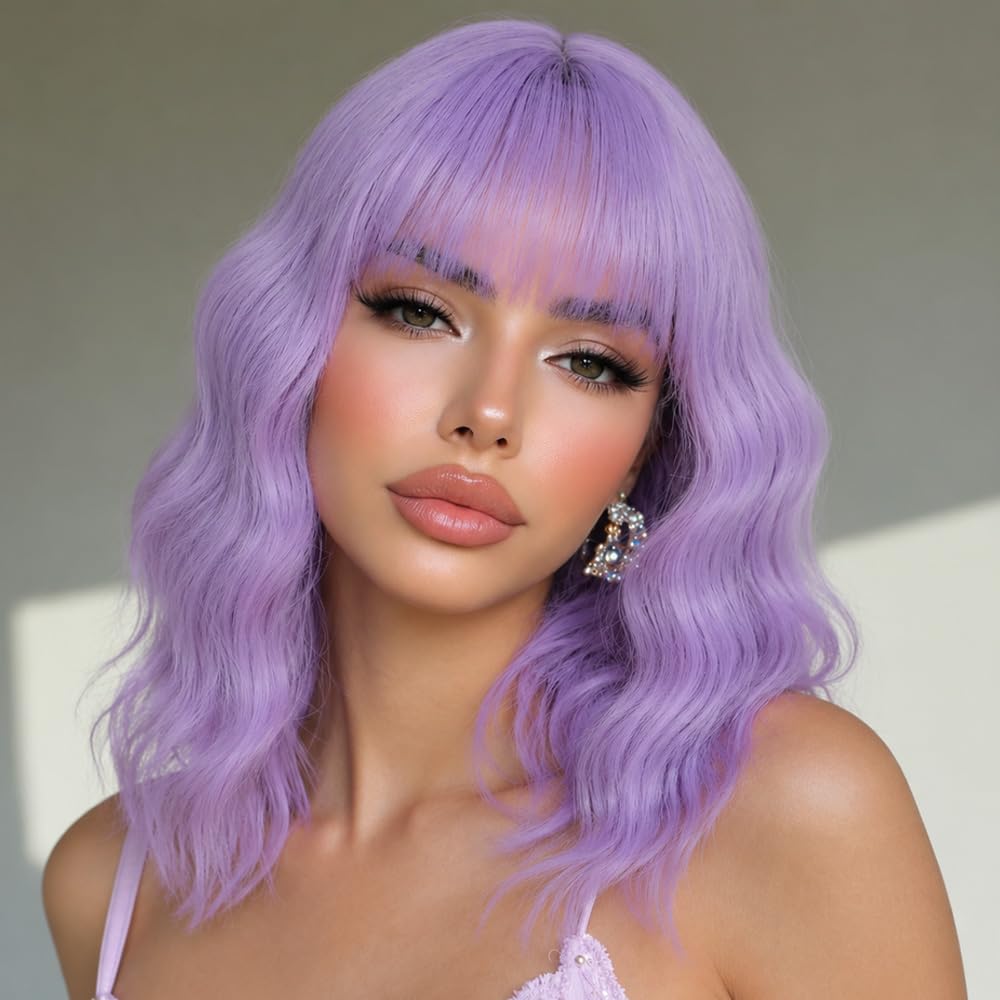 Photo 1 of Miuric Lavender Purple Short Wavy Bob Wig with Bangs
