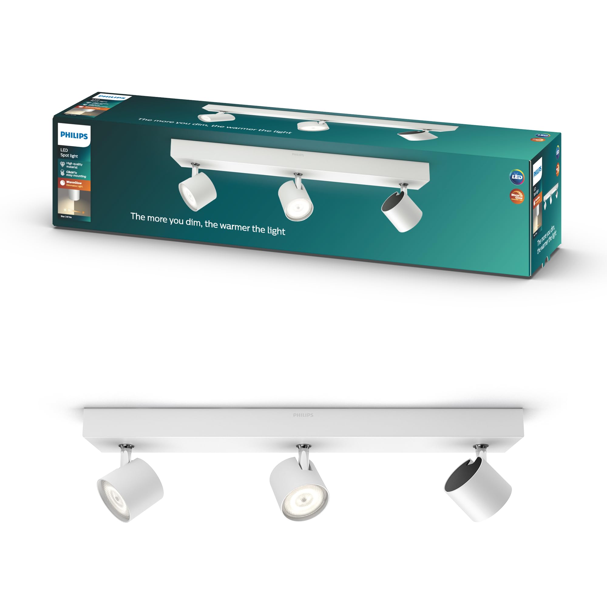 Philips Star LED Spotlight, 3 x 4.5W, Instant Start, WarmGlow, Dimmable Spotlight with EyeComfort, Easy to Install Ceiling Lamp, White