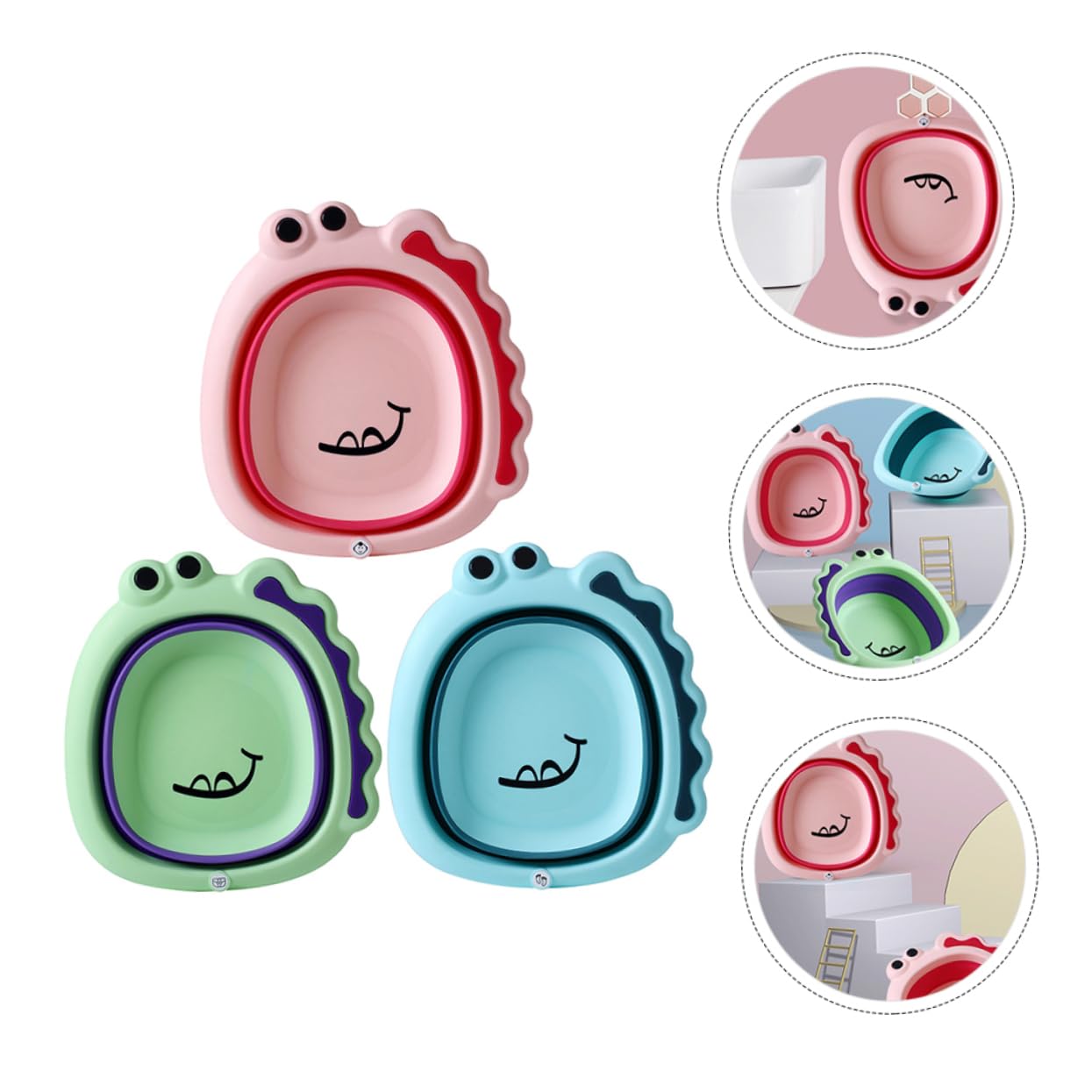 3pcs Washbasin Cute Cartoon Folding Basins for Boy Girl Space-Saving and Durable for Bath and Everyday Use Red Green Blue