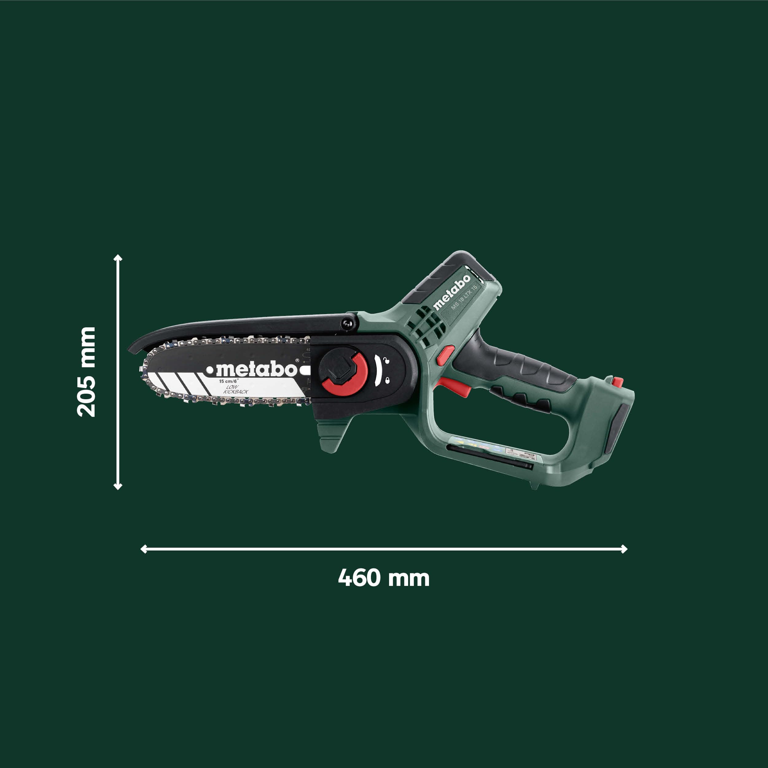 metabo Akku-Gehölzsäge MS 18 LTX 15-18V, 15 cm Schwertlänge - Ideal für Baumschnitt und Grünschnitt, hohe Kettengeschwindigkeit - Leicht und handlich - Inkl. metaBOX