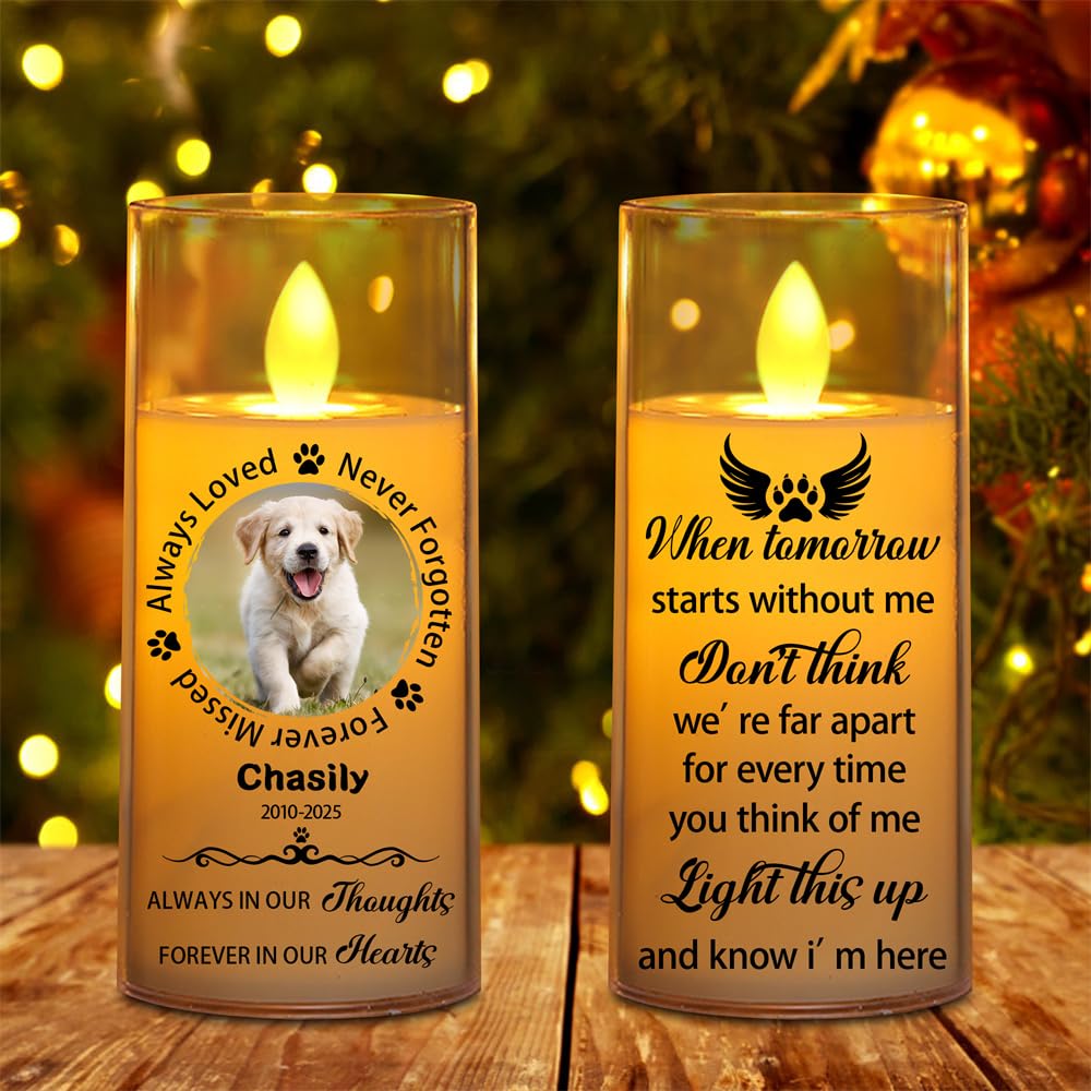Reyrijf Personalized Dog LED Candle Lamp, Custom Photo Dog Memorial Candle, White Plastic, Paw and Heart Pattern, Battery Operated