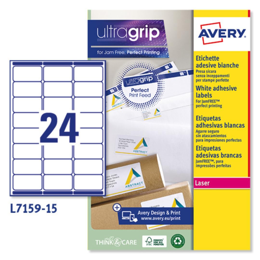 Avery España L7159-​15 Etiquetas adhesivas papel blanco, 15 hojas A4, rectangulares 63,​5x33,​9mm, 24 etiquetas por hoja, adhesivo permanente, impresoras láser