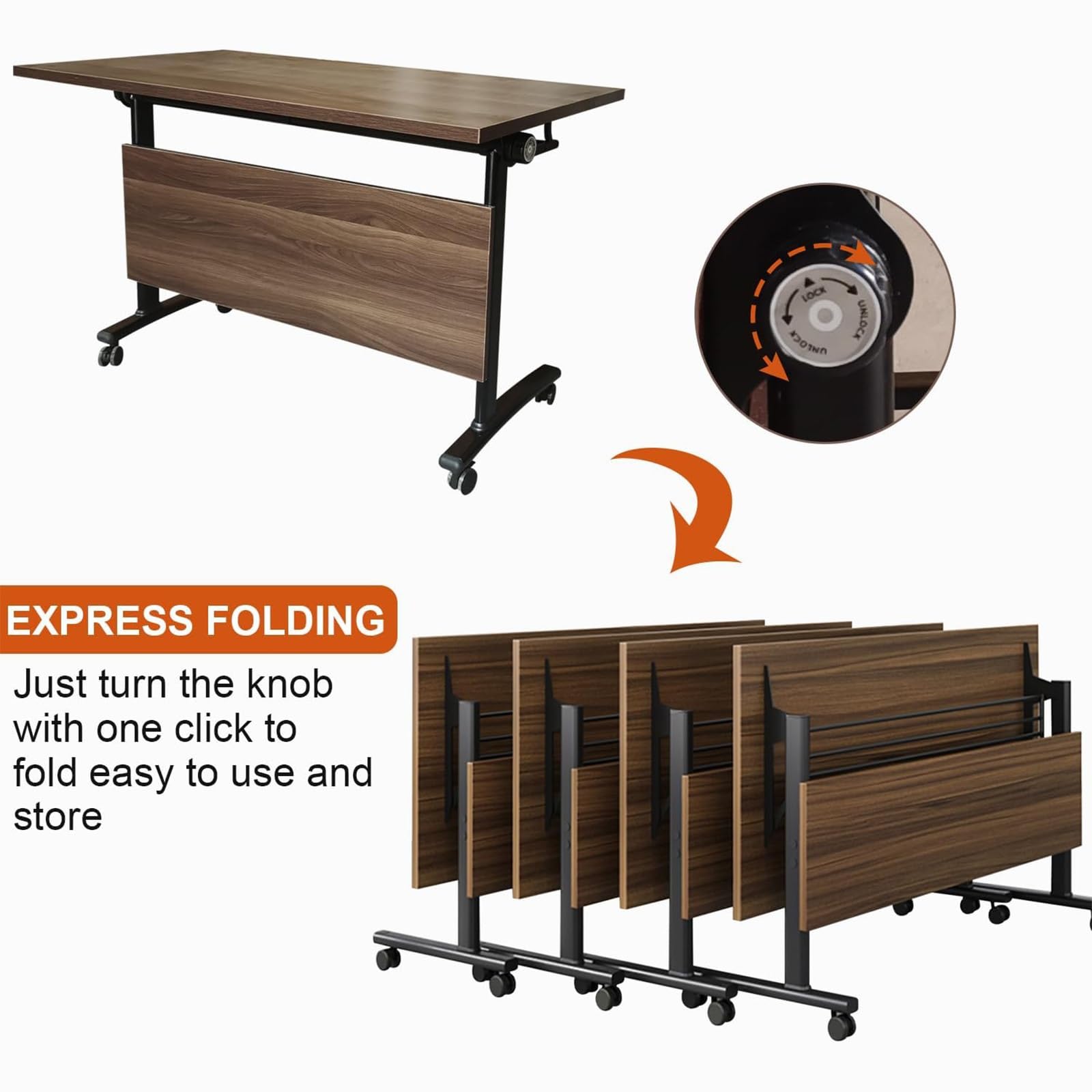 3-teiliges, klappbares Konferenztisch-Set mit leisen Rollen, modulares Design für Büro/Klassenzimmer/Schulung, platzsparende Aufbewahrung, Beige, 120 x 60 x 75 cm