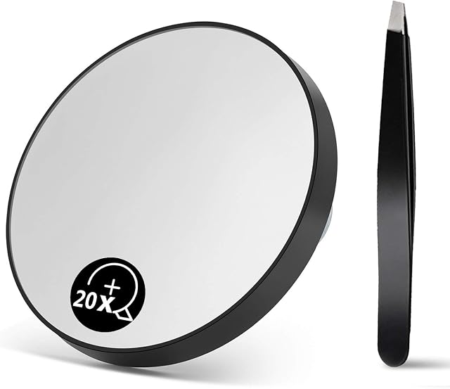20X Magnifying Mirror, Travel Size Suction Magnifier Mirror for Makeup & Bathroom Shaving (8.8cm Black, with Tweezer)