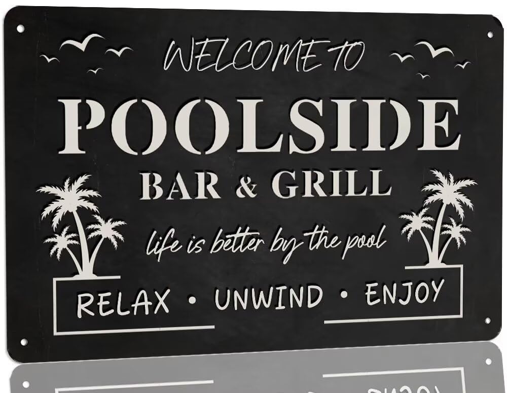 SMAZDFXX Welcome To Poolside Bar & Grill Metal Tin Sign Swimming Pool Decorations Outdoor Poolside Metal Sign Plaque for Beach Home Bar Pool Deck Backyard Fence Walls 12"x16"