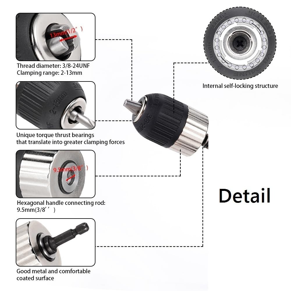 Portabrocas autoblocante sin Llave, Rango de sujeción de 1,5 a 13 mm, Adaptador de Taladro eléctrico con vástago Hexagonal de 3/8 a 24 UNF, 1 Unidad