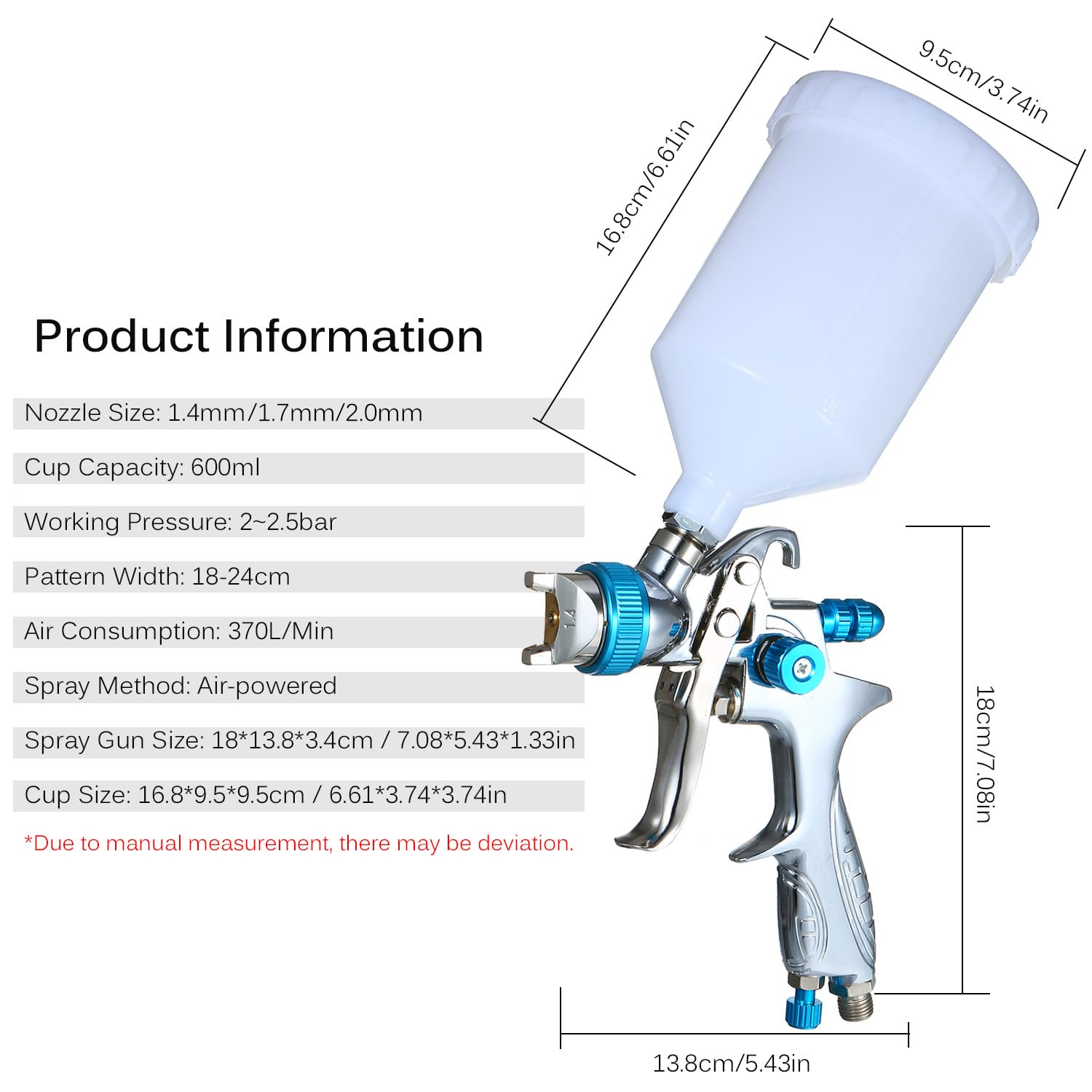 Pistolet Pulvérisateur Portatif, Construction en Métal, Tailles de Buses Réglables, capacité de Tasse de 600 ML pour la Peinture de Clôture de Meubles Muraux