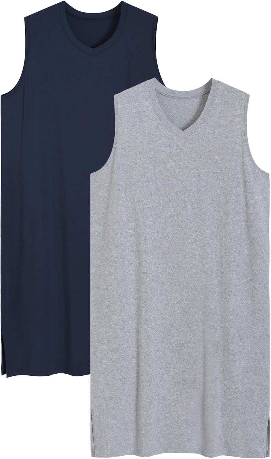 Latuza Men's Cotton Sleeveless Nightshirt V-Neck Sleep Shirt 2 Pack
