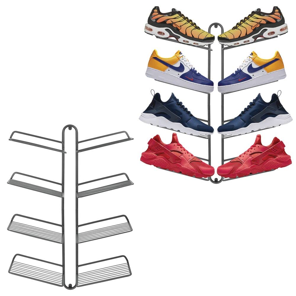 mDesignModern Metal Shoe Display & Storage Rack - Perfect for Sneaker Heads - Store Your Collection of Kicks - 4 Tier, Wall Mount Pack of 2 Grey 10150MDCO