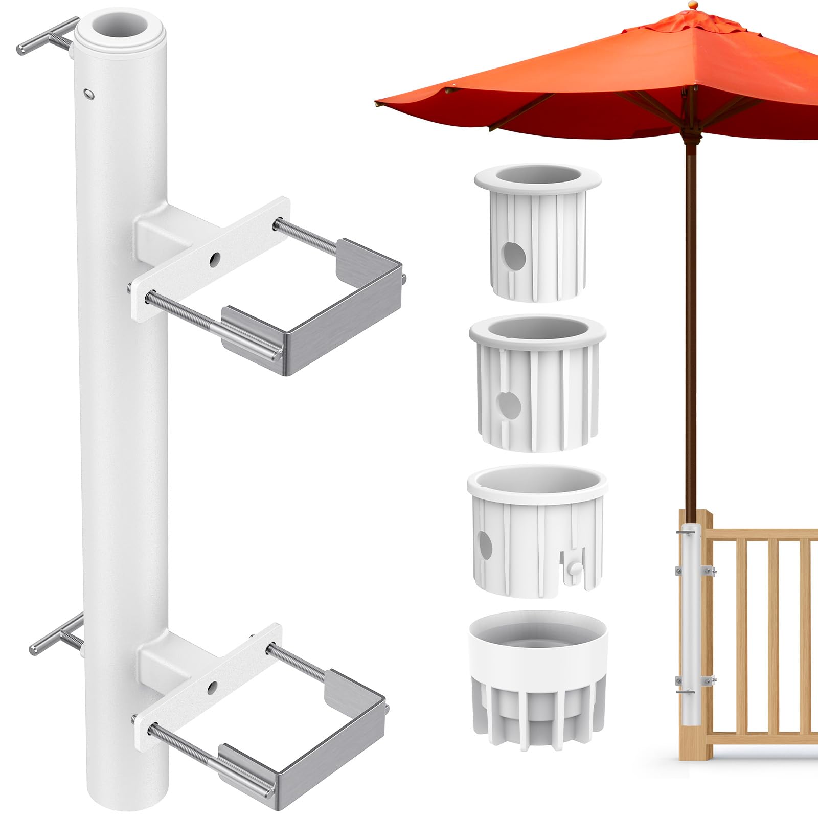 Dolibest Zacisk do parasola, balkon, uchwyt na parasol tarasowy, rura, płot, uchwyt do montażu na blacie, regulowany klips mocujący parasol przeciwsłoneczny, oszczędność miejsca, z 3 tulejami na