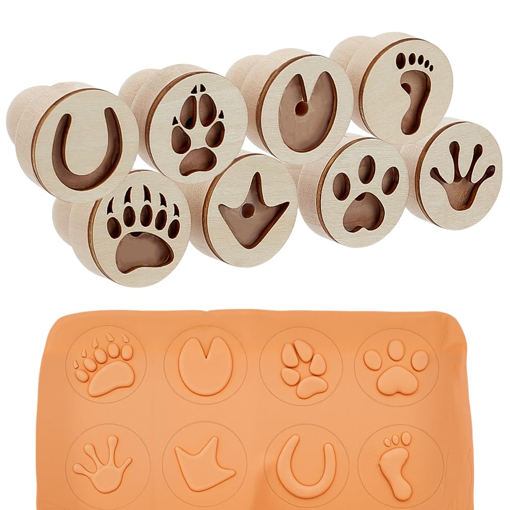 PH PandaHall Juego de 8 sellos de arcilla de madera, sellos redondos de huellas de huellas de animales pequeños de madera natural con asa para manualidades, arcilla y cerámica, 4,3 x 3,8 cm