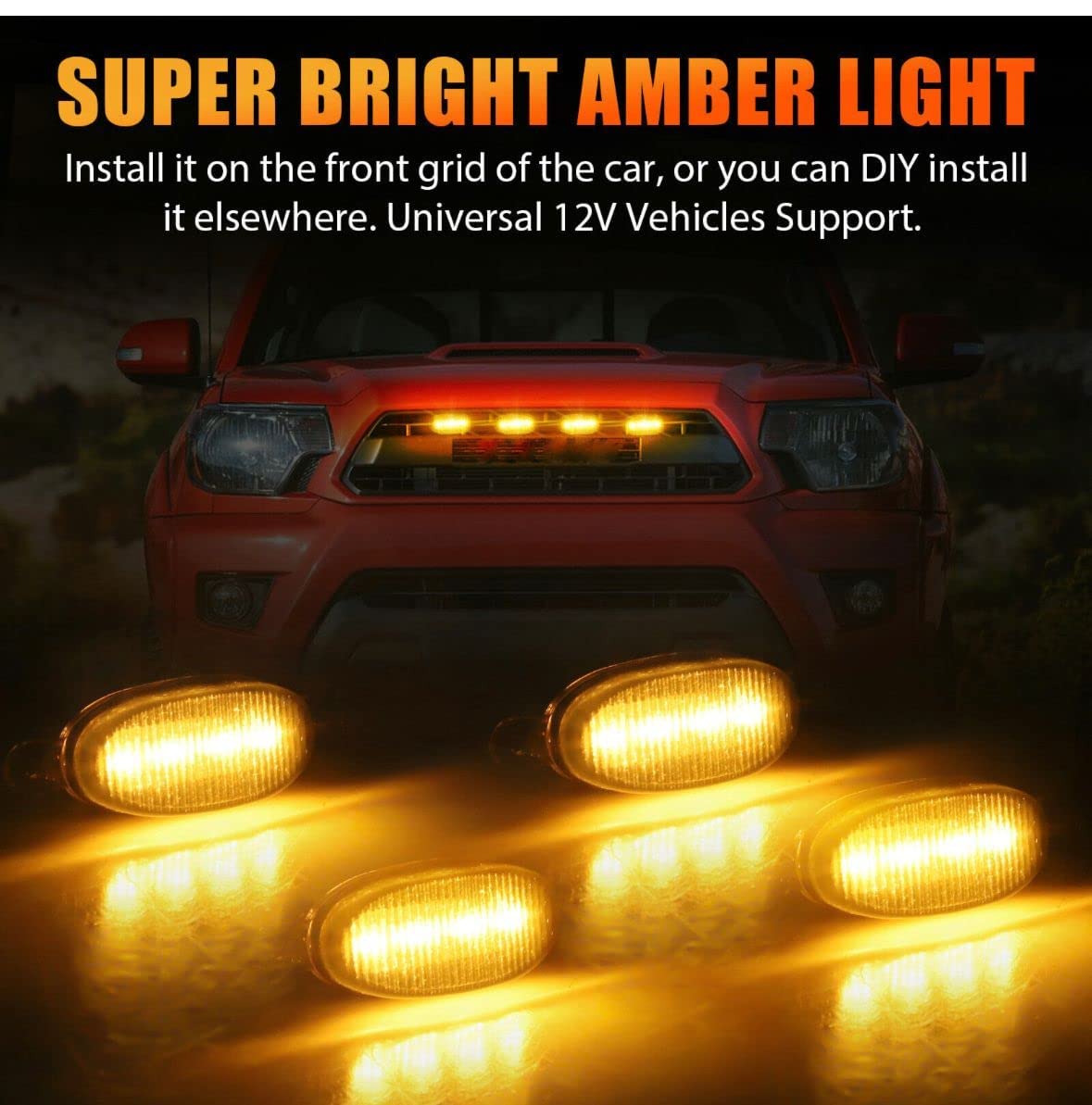 ETH LED Grille Lights Led with Fuse Adapter Wiring Harness Kit 4PCS Smoke Shell Compatible with All Cars (Smoke Yellow) - Image 5 thumbnail