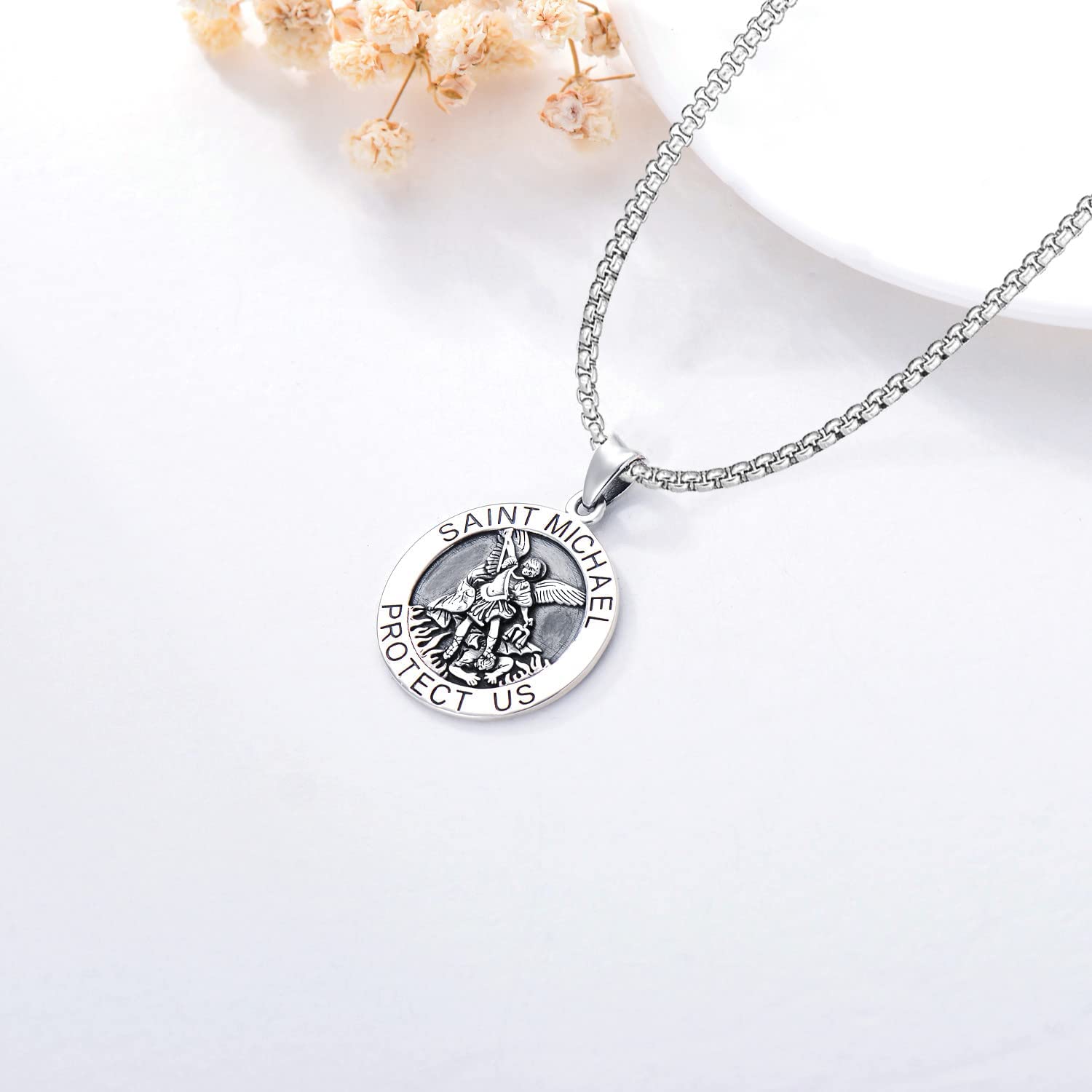 Collana in argento Sterling 925 con ciondolo di San Michele, per uomo e donna, con ciondolo di San Michele, amuleto, idea regalo, 23mm x 23mm, Argento sterling, Non pietra preziosa