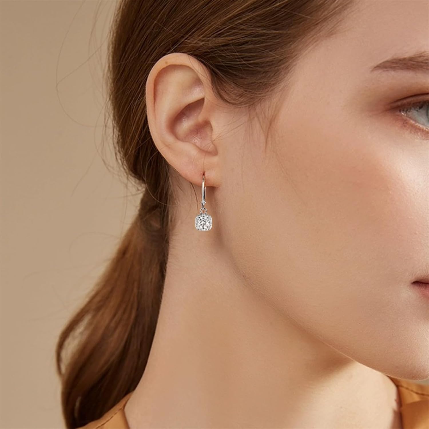 ALEXCRAFT Sterling Silver Leverback Dangle Drop Earrings for Women, Cubic Zirconia Small Round Square Halo Drop Earring Hypoallergenic Jewelry for Wedding Bridal - Image 3