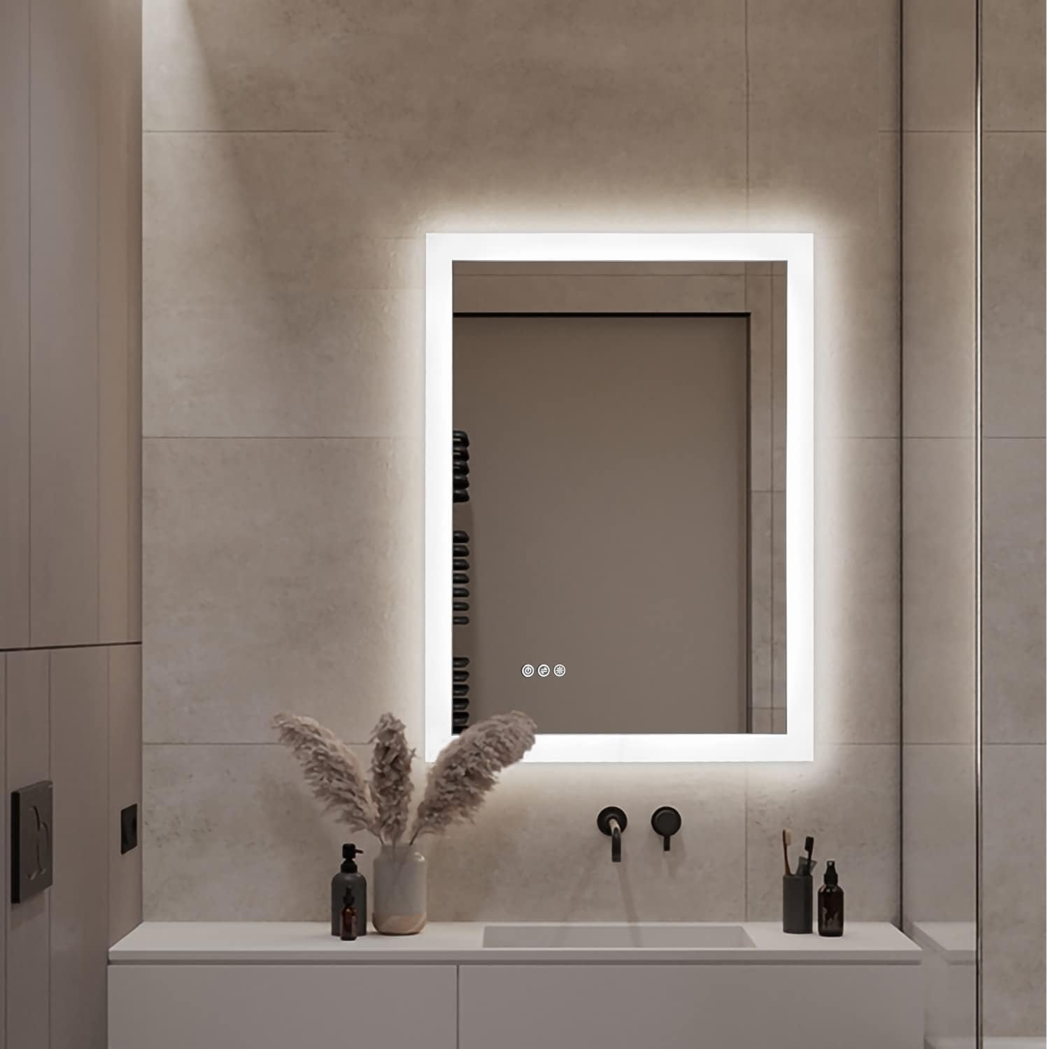 Aluminium Framed Rectangle Vanity Mirror with LED Light, Touch Screen, and Anti-Fog (24" x 32"), Wall Mounted Home Décor Glass for Bathroom, Over Sink, Salon, and Bedroom