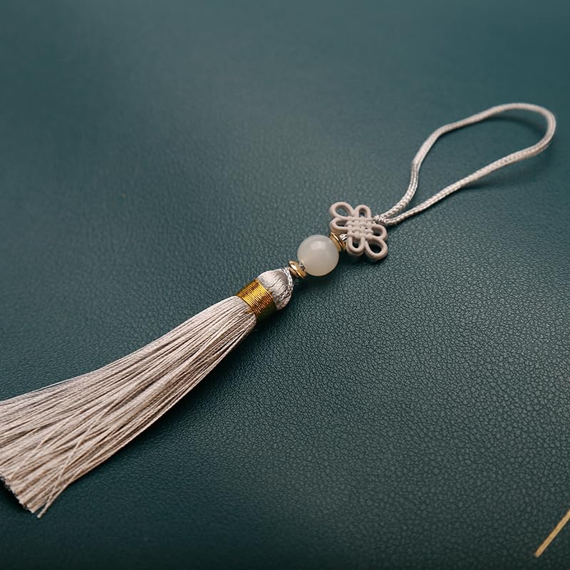 SYSUII 10 Pieces Mini Tassels, Handmade Silky Tassel Key Chain with Beads Bookmark Tassel Pendant Small Chinese Knot for DIY Jewellery Earring Craft Key Chain Silver Grey