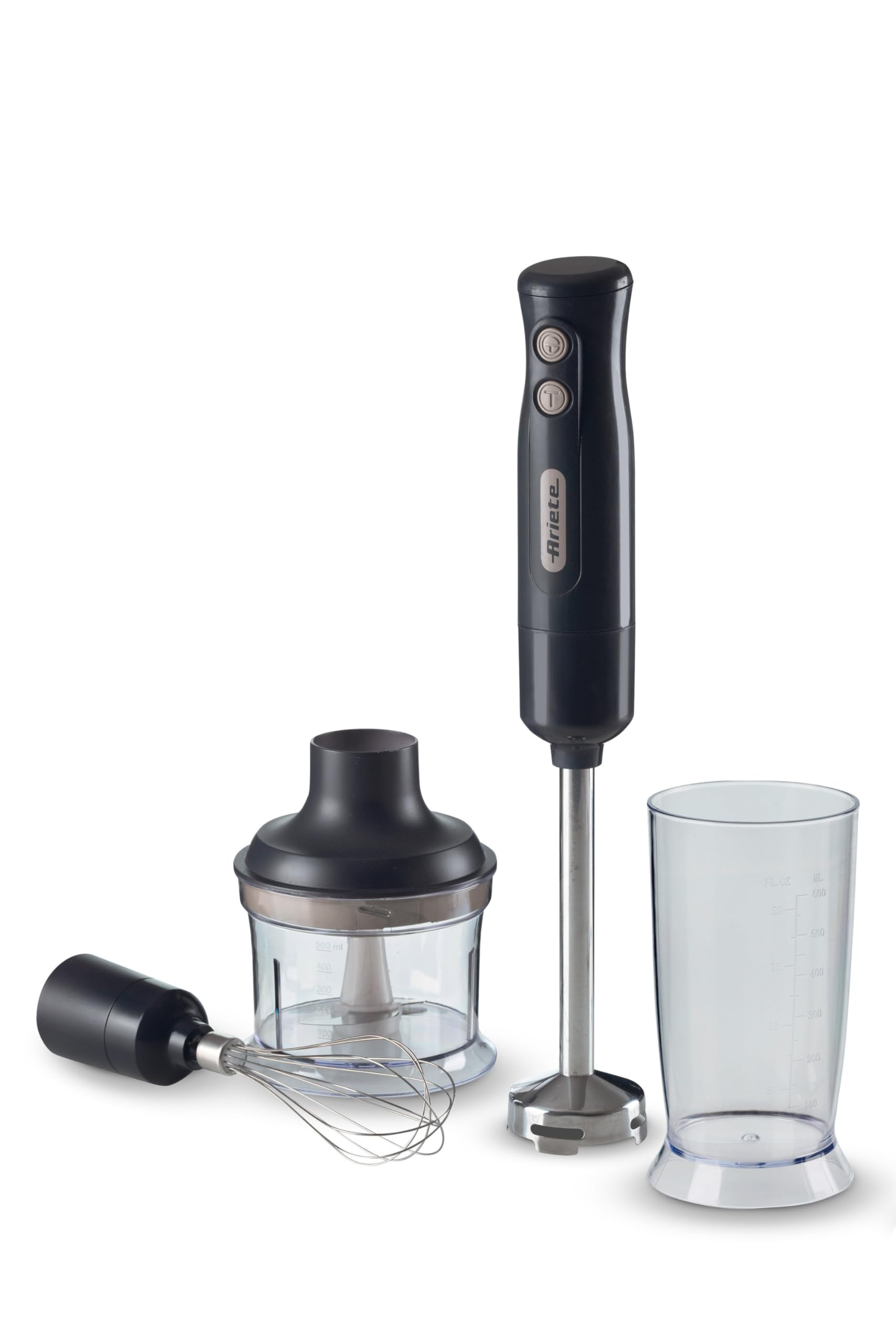 Ariete 601 Frullatore a Immersione con tritatutto, 700 W, 2 velocità, Lama in acciaio inox, Gamba removibile, Bicchiere trasparente, Dark Grey