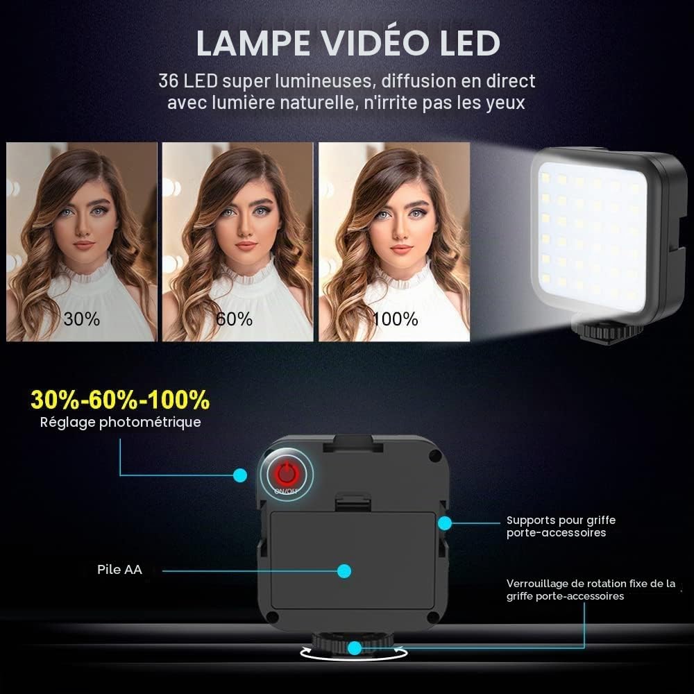 Mobilphone Smartphone vidéo Vlog Microphone, lumière LED, support téléphone, trépied, compatible iPhone, Android, pour Tiktok, Youtube, prise de vue, Vlogging, Live Streaming