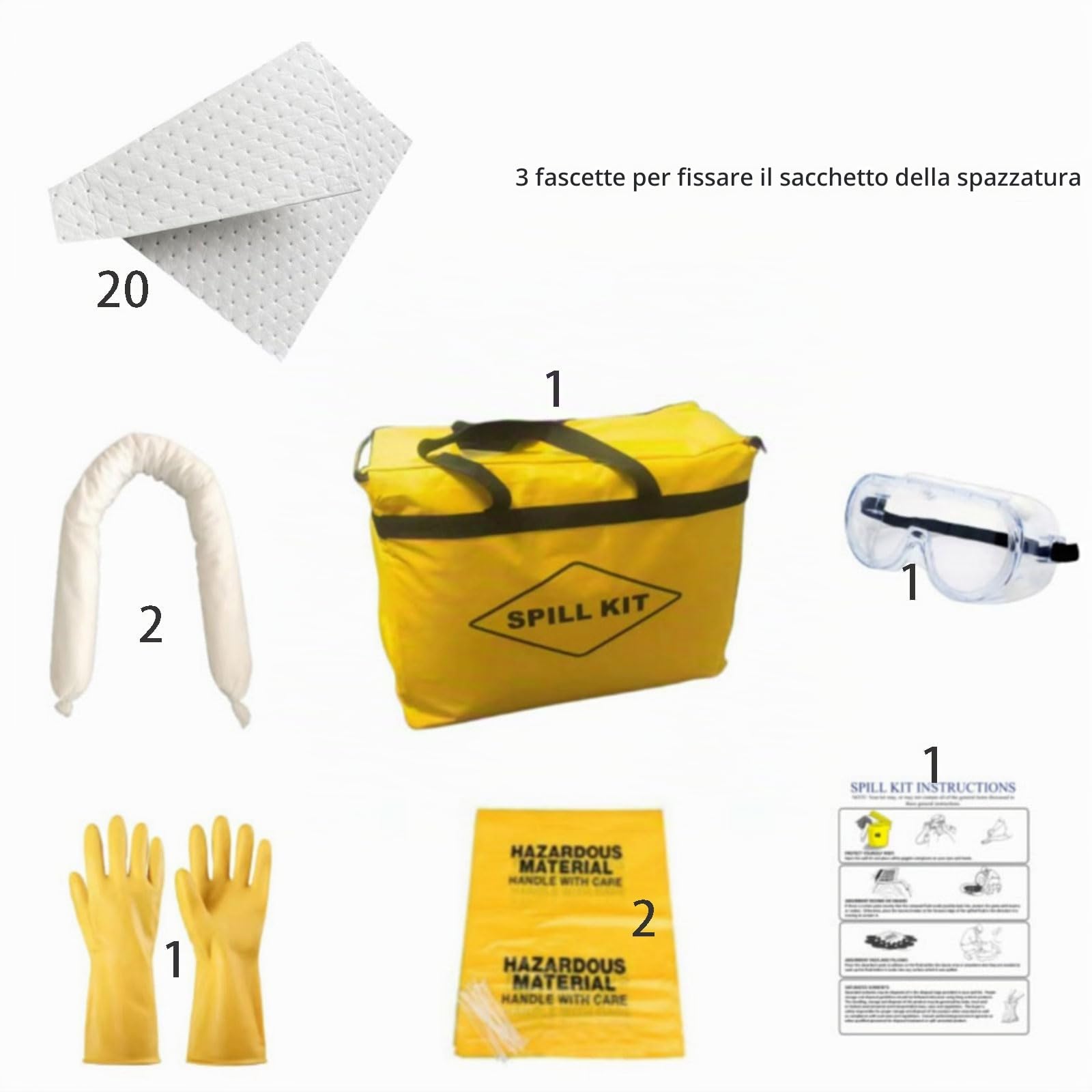 22L - Olio Solo Spill Kit - Portatile Olio Spill Kit, 20 Cuscinetti Assorbenti Olio, 2 Pz Calzino Assorbente Olio, 2 Sacchetti Smaltimento, 3 Cravatte, Guanti Nitrili, Occhial(Size:Confezione singola) | 20 Cuscinetti Assorbenti Olio, 2 Pz Calzino Assorben