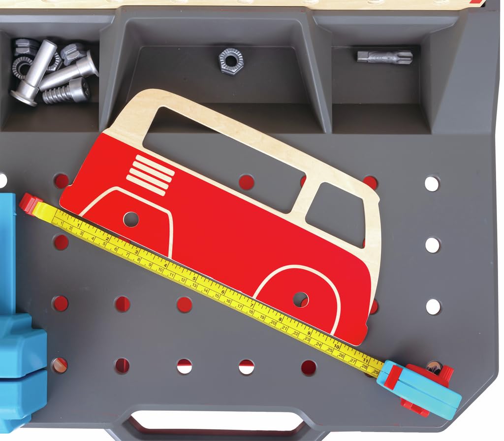 Hape Junior Inventor - Banco da Lavoro Officina - Giocattolo di Altezza Regolabile con Utensili per Gioco di Ruolo Piccolo Meccanico dai 3 Anni