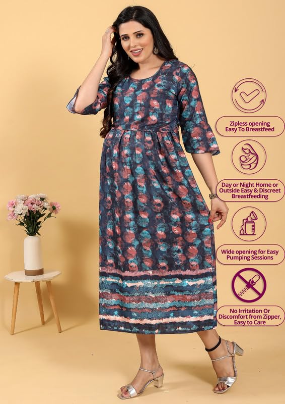 Image of RITIJYA Zipless Feeding Kurta Dress for Women | Maternity Nursing Kurti, No-Zip Easy Access | Extra Pleats Pre to Post Pregnancy | Quick-Dry Fabric | S-4XL