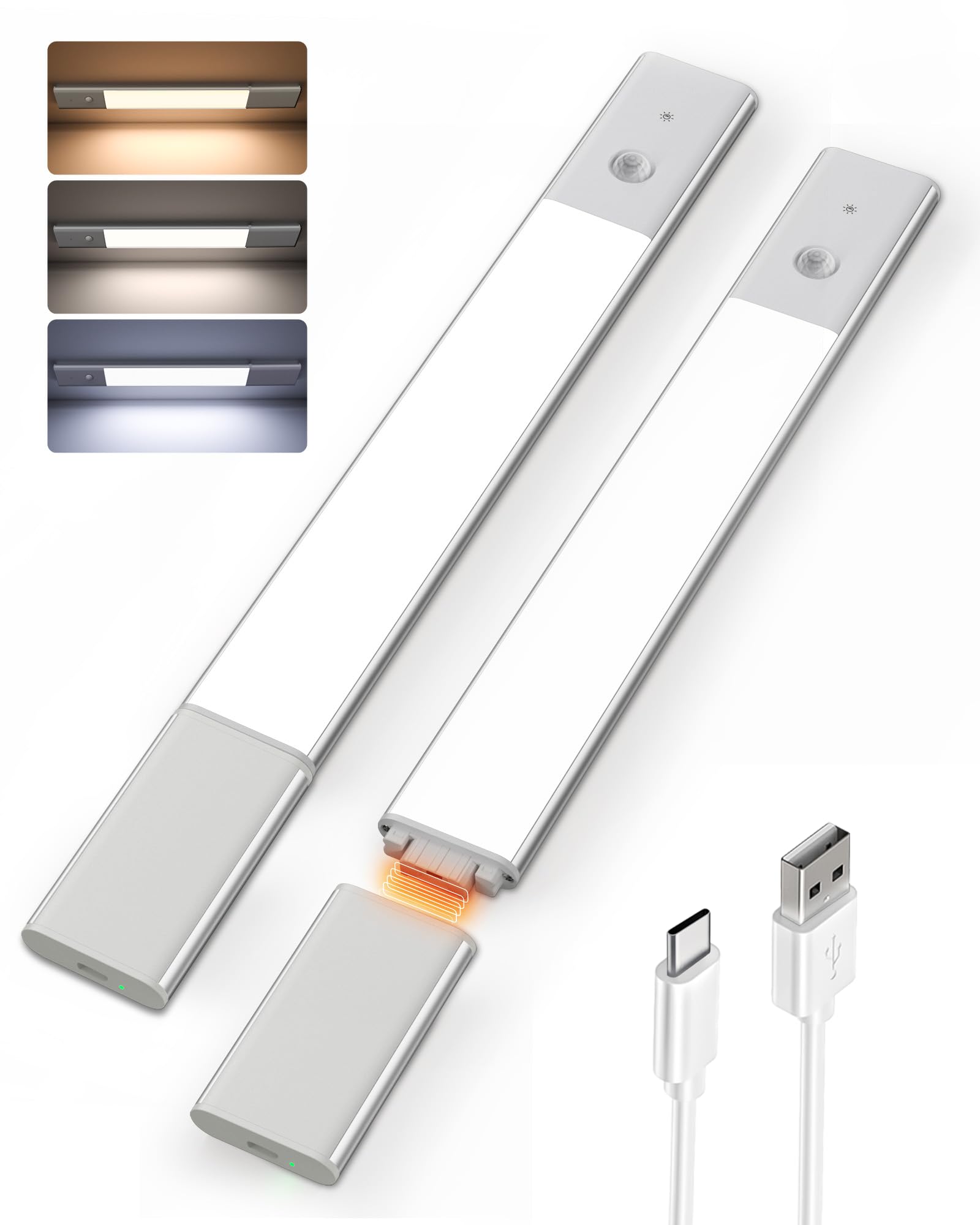 EZVALO Réglette LED Sous Meuble Avec Détecteur de Mouvement, Lampe Cuisine Rechargeable 2200mAh, 3 Températures de Couleur Réglables, 38 cm, lot de 2