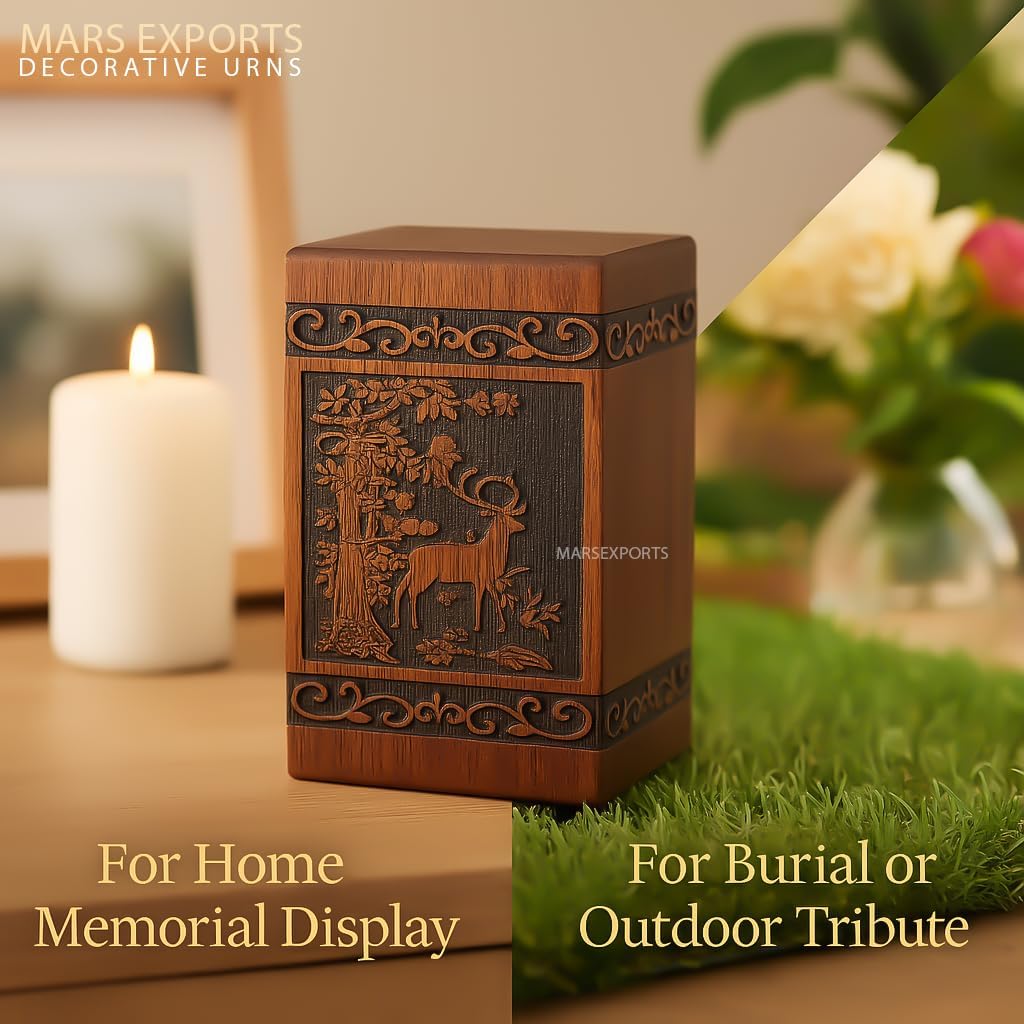 Wooden Cremation Urns Box for Human Ashes, Memorial Keepsake Boxes for Adults, Male/Female,Child, Pets Dog Cat Wood Burial Funeral Container (Deer) Urn, Capacity (Small)