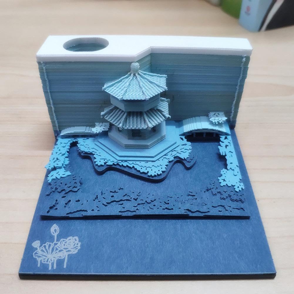 3D-Notizblock mit Licht, 3D-Papierschnitzerei, Gartenpavillon, geschnitzter Notizblock mit Lichtern, Büro-Schreibtisch-Ornament, zum Abreißen, Papierbasteln, Gartenpavillon, für Zuhause, Büro,