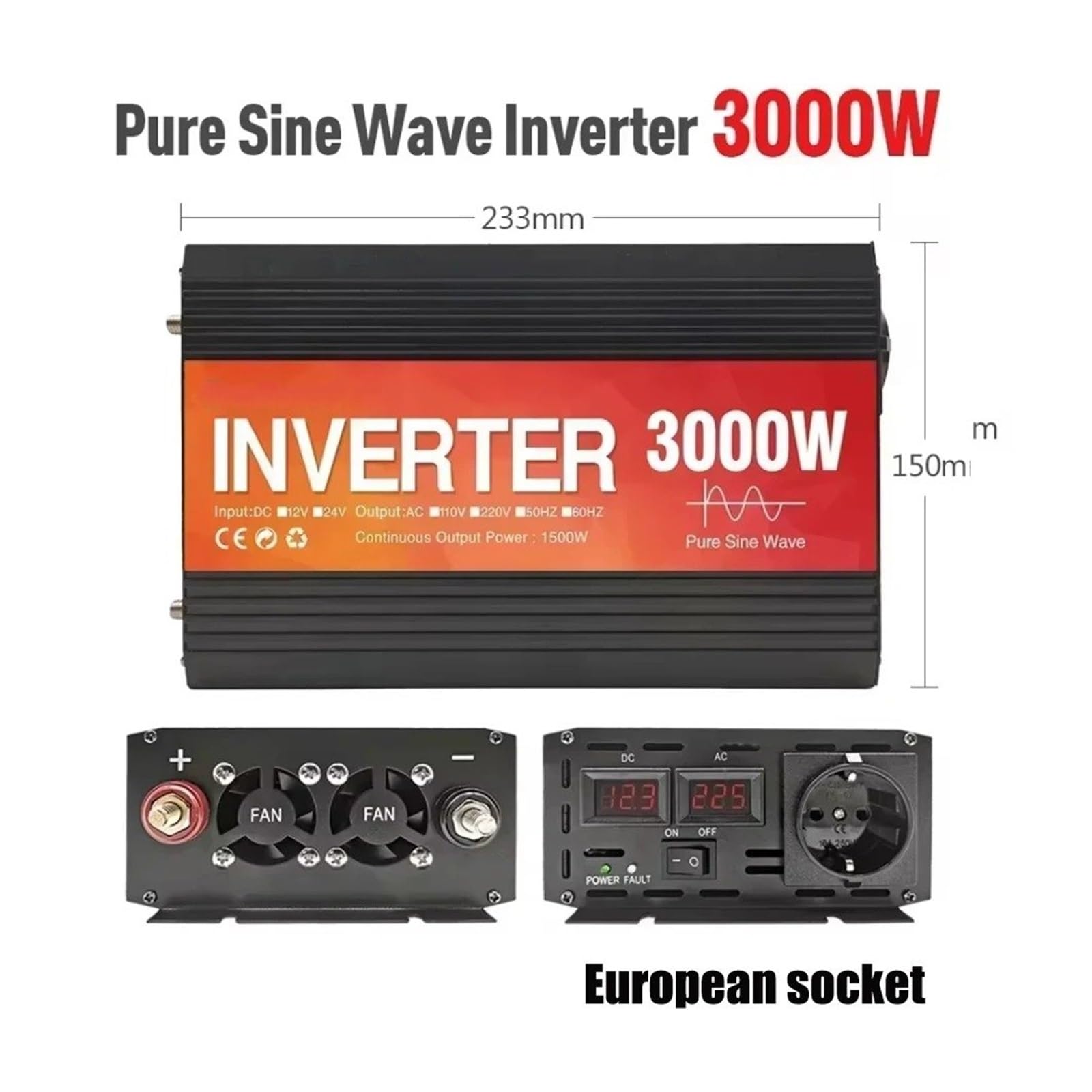 Inversor Coche 12 V 24 V A 220 V 50 Hz 60 Hz 2000 W 3000 W 4000 W Convertidor Voltaje Inversor Solar Onda Sinusoidal Pura Transformador(12V,220V50HZ,3000W EU Socket)